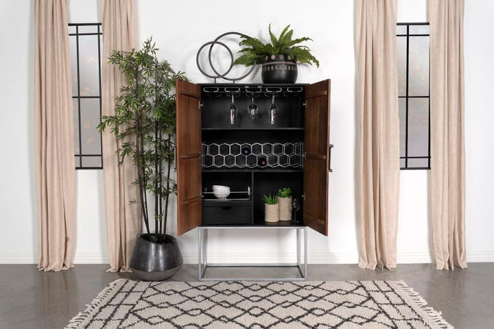 Borman - 2 Door Home Bar Cabinet Wine Storage - Walnut And Black Wine Cabinet modern furniture Contempo Furniture