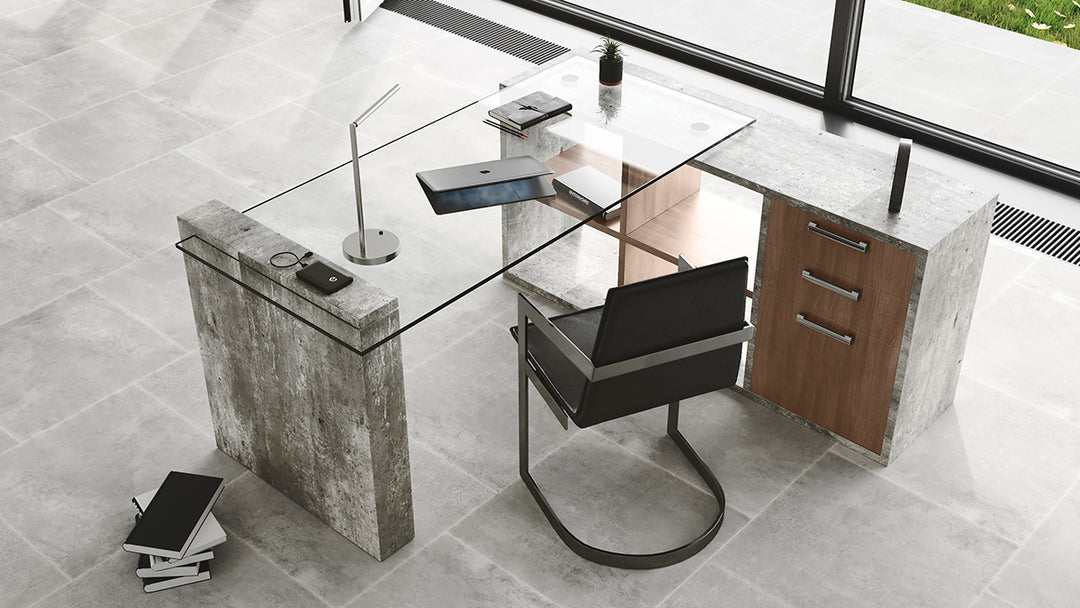 Boston Modern Glass & Faux Concrete Reversible Desk