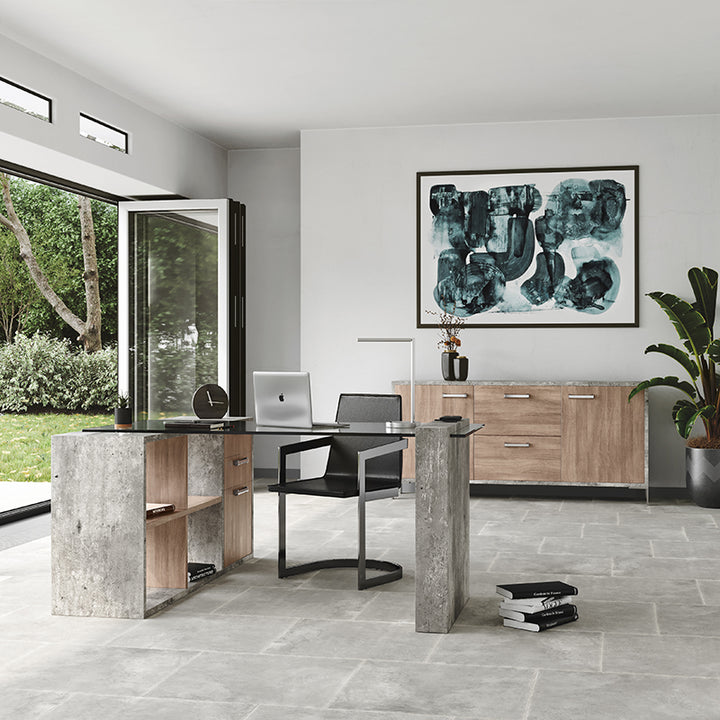 Boston Modern Glass &amp; Faux Concrete Reversible Desk