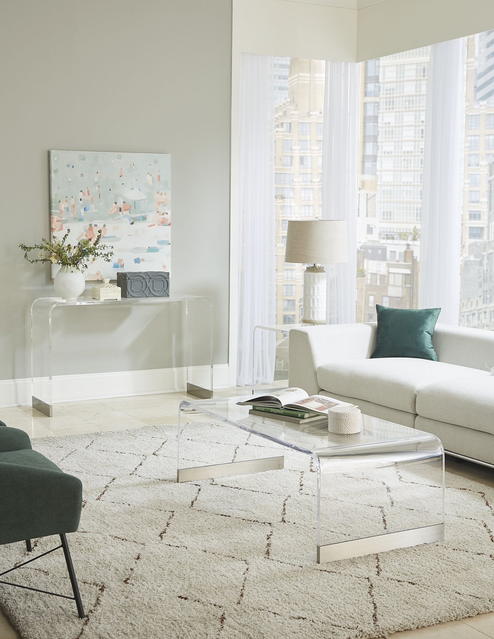 Bowie Coffee Table in Clear Acrylic and Brushed Stainless Steel Coffee Table modern furniture Contempo Furniture