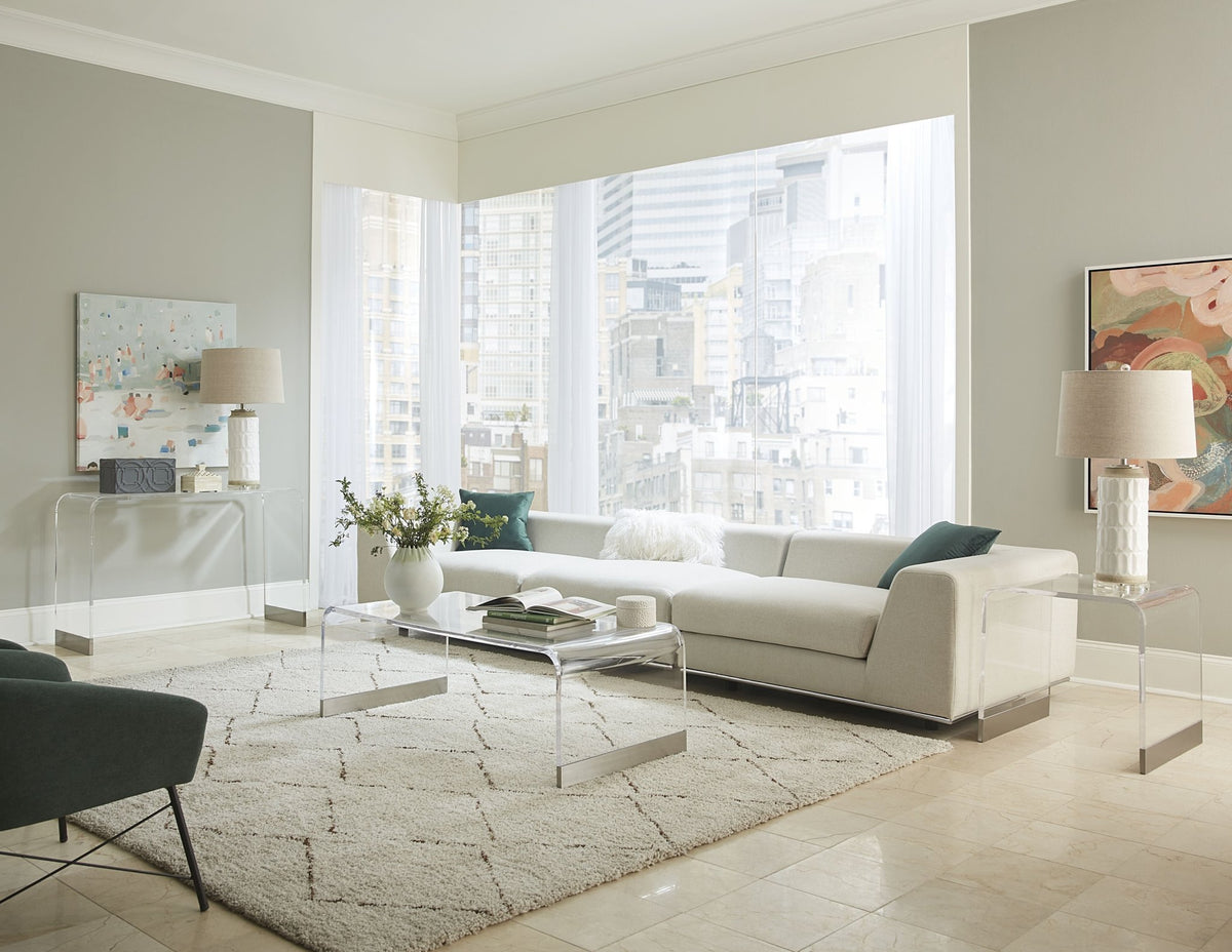 Bowie Console Table in Clear Acrylic and Brushed Stainless Steel Console Table modern furniture Contempo Furniture