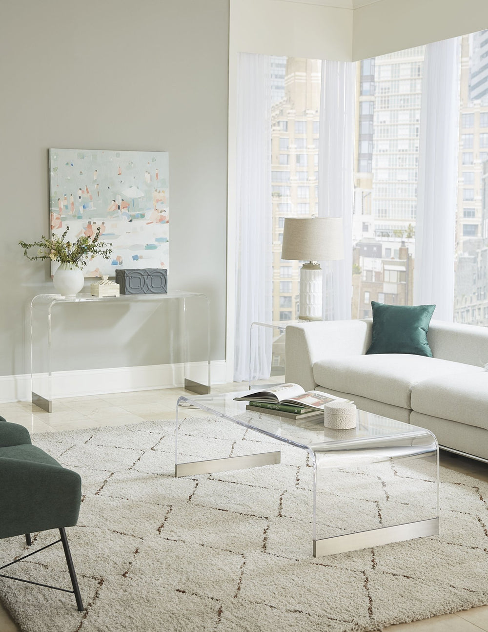 Bowie Console Table in Clear Acrylic and Brushed Stainless Steel Console Table modern furniture Contempo Furniture