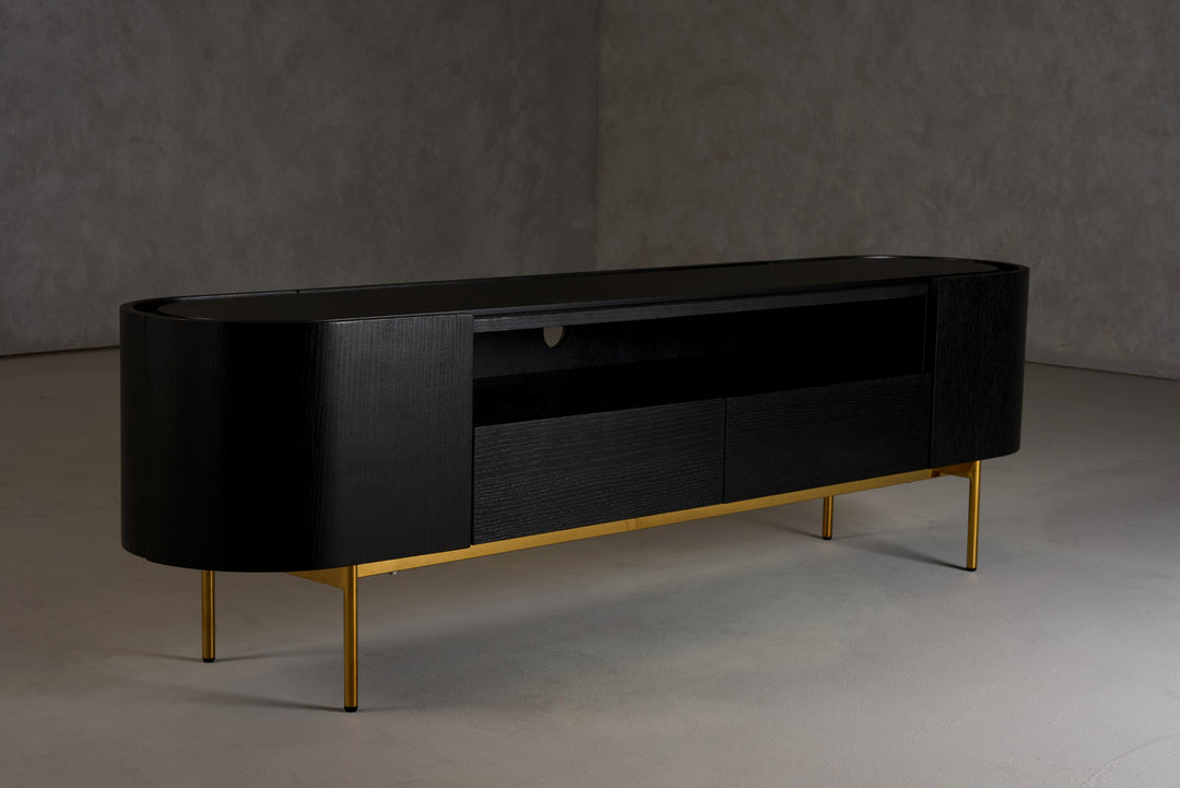 Bowie  Mid-Century Modern Black Oak + Brass TV Stand