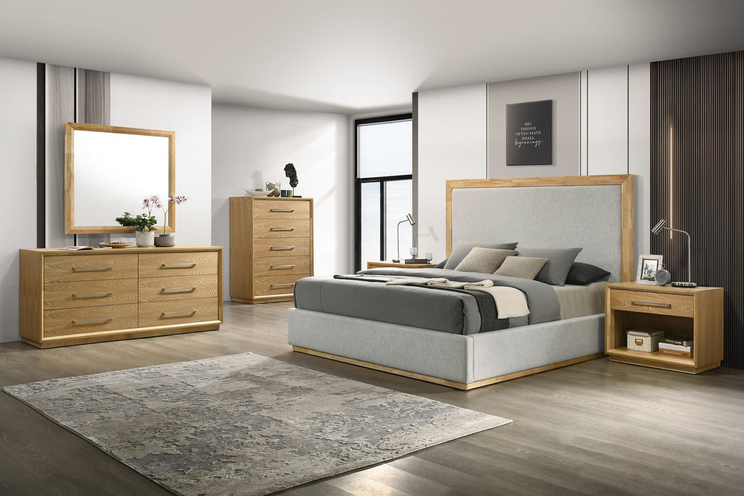 Eastern King Santa Barbara - Modern Grey Fabric + Natural Bedroom Set