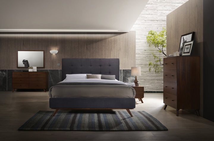 Addison Mid-Century Modern Grey Fabric &amp; Walnut Bed