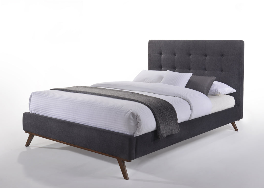 Eastern King Modrest Addison Mid-Century Modern Grey Fabric & Walnut Bed