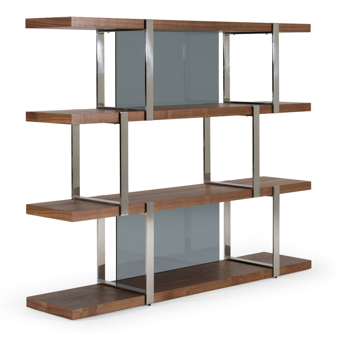 Brewer - Modern Walnut Glass  and  Stainless Steel Bookshelf