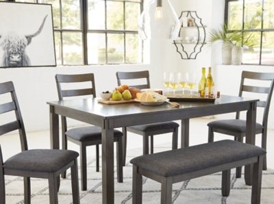 Bridson Dining Table and Chairs with Bench (Set of 6) - Gray 6 Piece Dining Room Set modern furniture Contempo Furniture