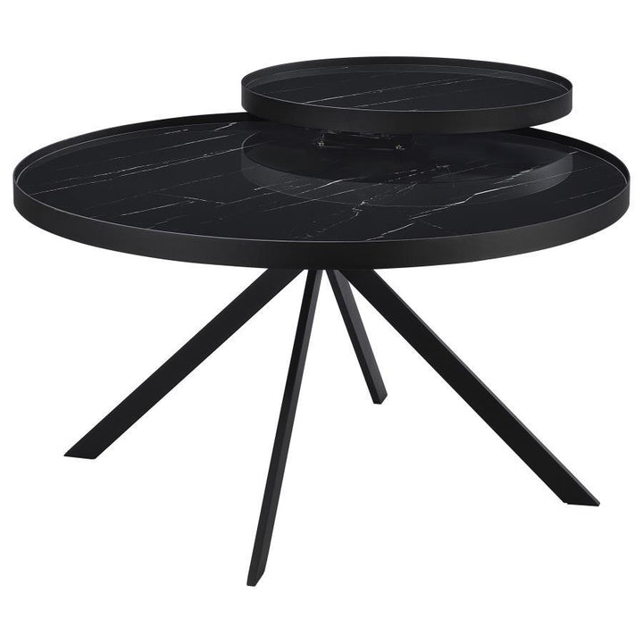 Briggs - Round Marble Printed Glass Top Coffee Table - Black Coffee Table modern furniture Contempo Furniture