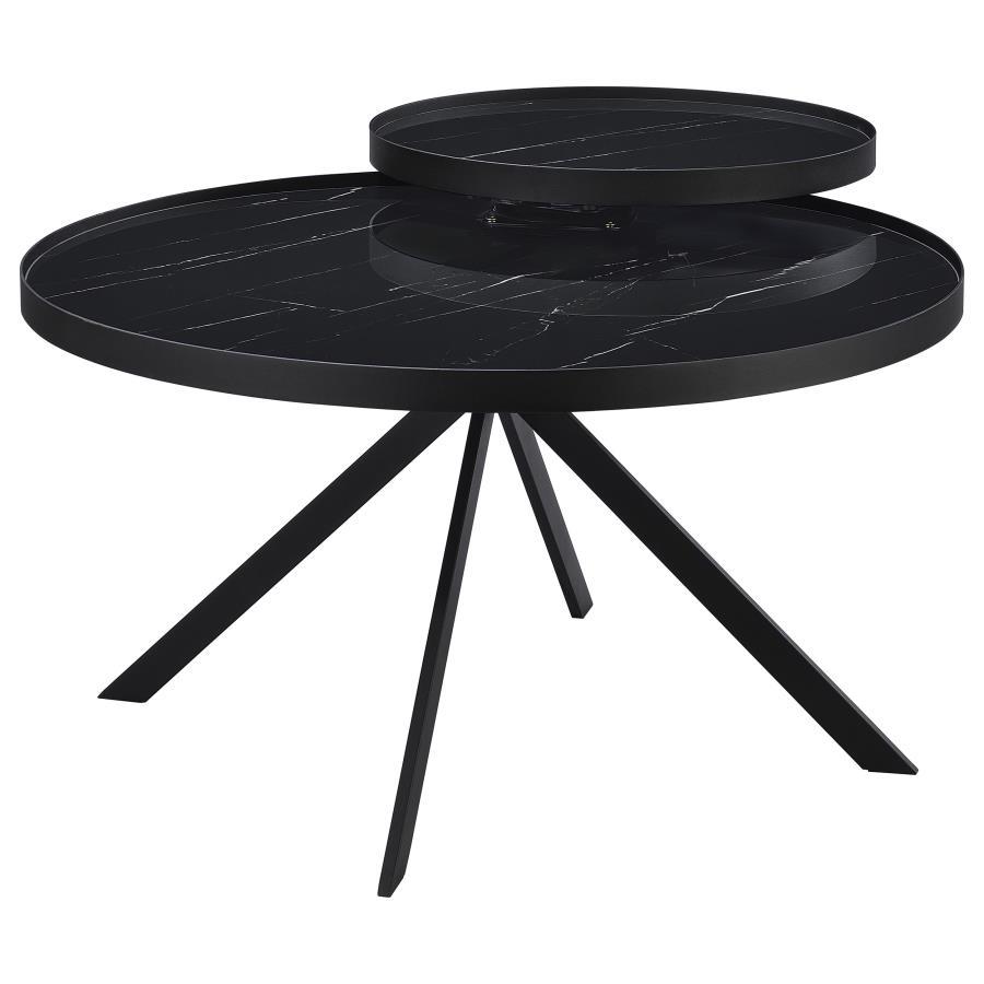 Briggs - Round Marble Printed Glass Top Coffee Table - Black Coffee Table modern furniture Contempo Furniture