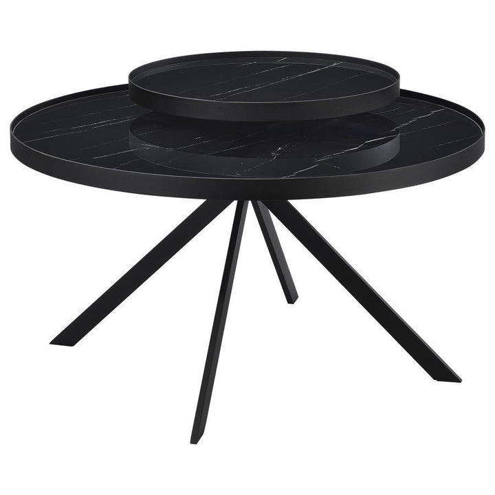 Briggs - Round Marble Printed Glass Top Coffee Table - Black Coffee Table modern furniture Contempo Furniture