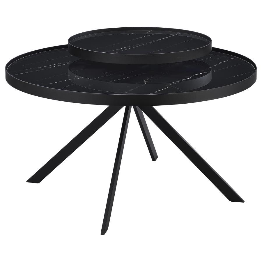 Briggs - Round Marble Printed Glass Top Coffee Table - Black Coffee Table modern furniture Contempo Furniture