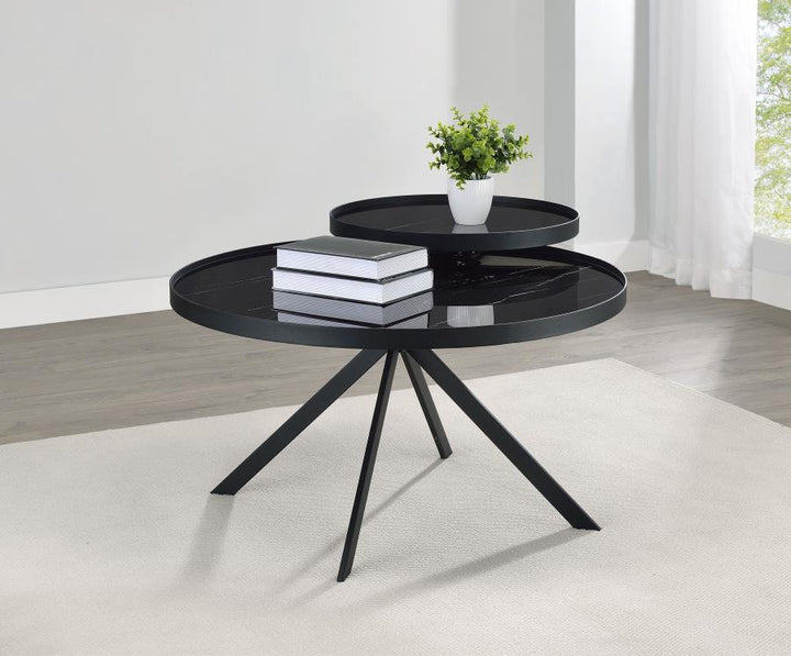Briggs - Round Marble Printed Glass Top Coffee Table - Black Coffee Table modern furniture Contempo Furniture