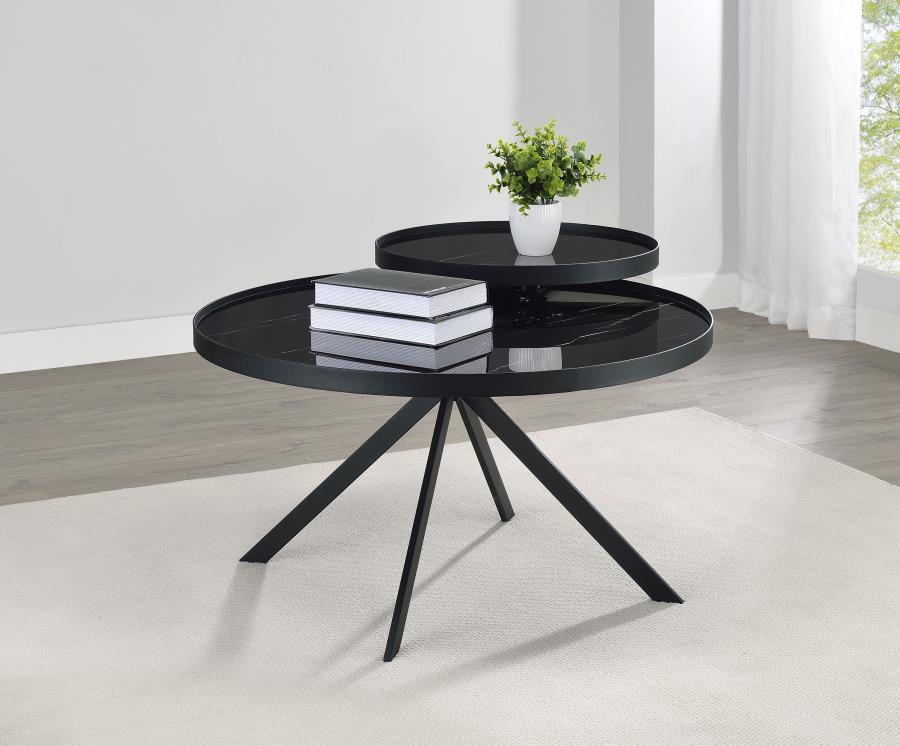 Briggs - Round Marble Printed Glass Top Coffee Table - Black Coffee Table modern furniture Contempo Furniture