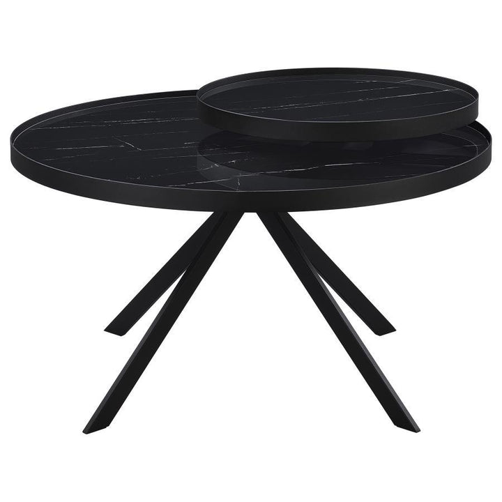 Briggs - Round Marble Printed Glass Top Coffee Table - Black Coffee Table modern furniture Contempo Furniture