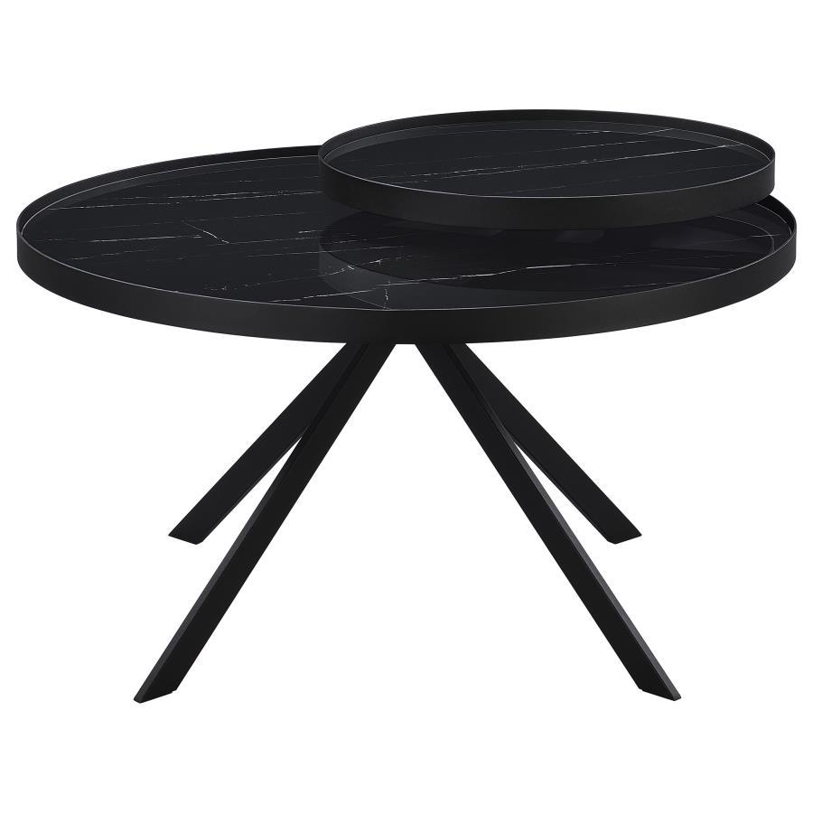 Briggs - Round Marble Printed Glass Top Coffee Table - Black Coffee Table modern furniture Contempo Furniture