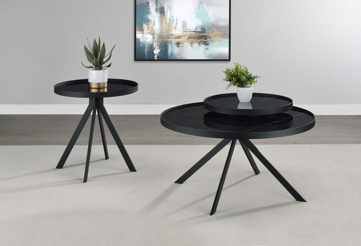 Briggs - Round Marble Printed Glass Top Coffee Table - Black Coffee Table modern furniture Contempo Furniture
