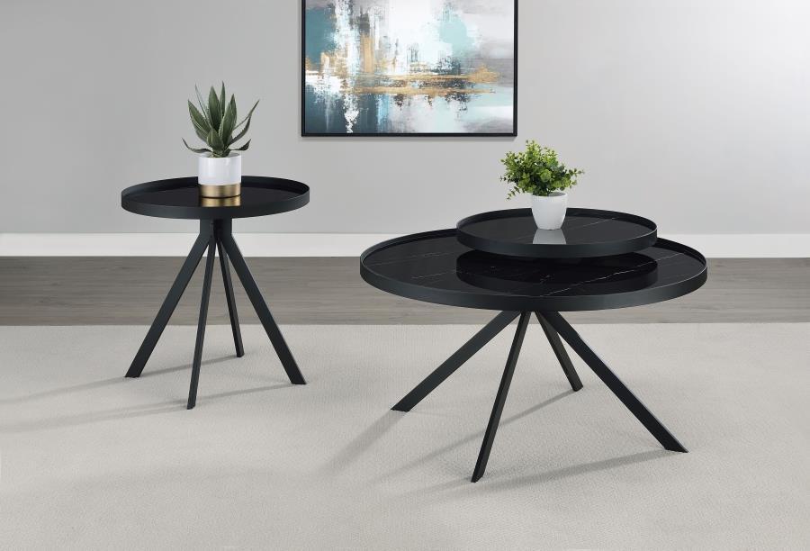 Briggs - Round Marble Printed Glass Top Coffee Table - Black Coffee Table modern furniture Contempo Furniture