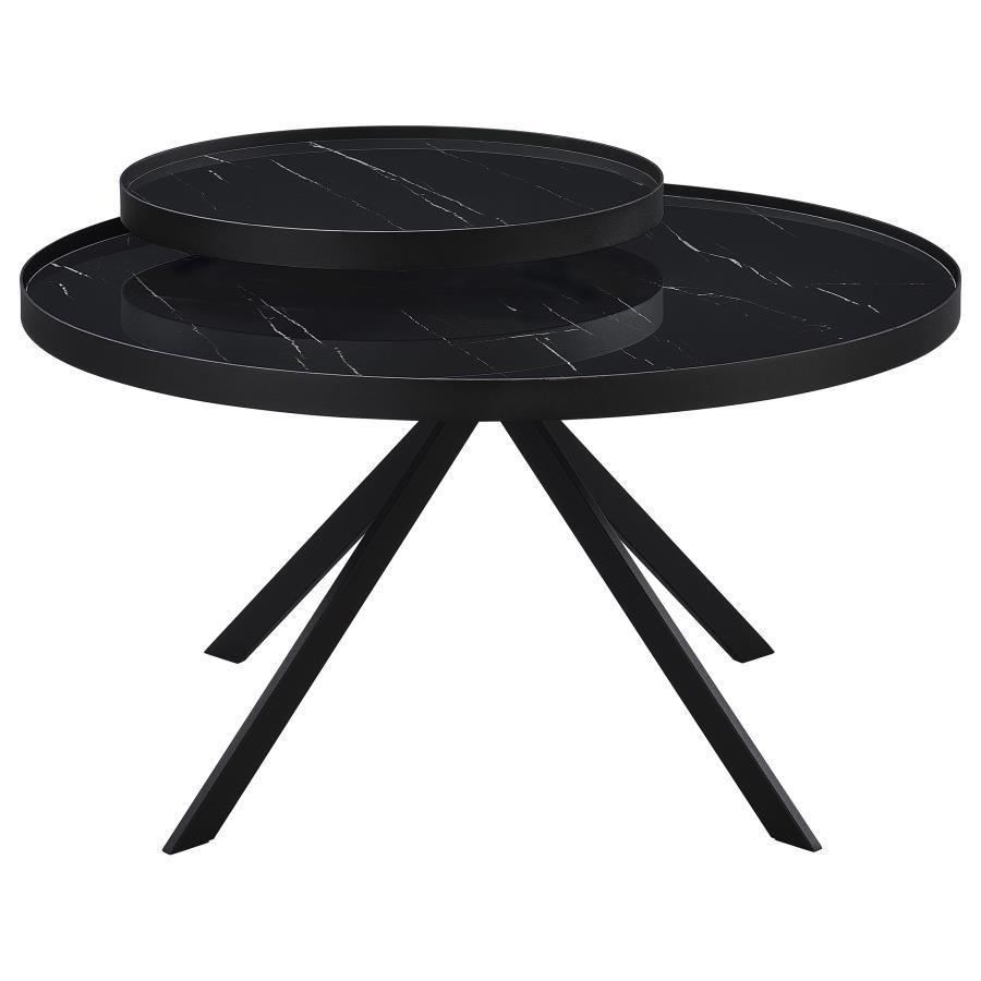 Briggs - Round Marble Printed Glass Top Coffee Table - Black Coffee Table modern furniture Contempo Furniture