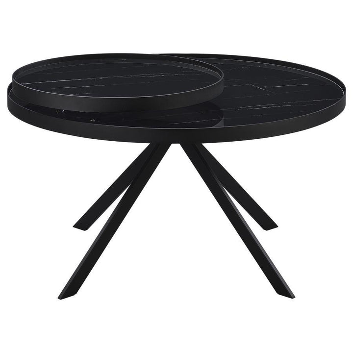 Briggs - Round Marble Printed Glass Top Coffee Table - Black Coffee Table modern furniture Contempo Furniture