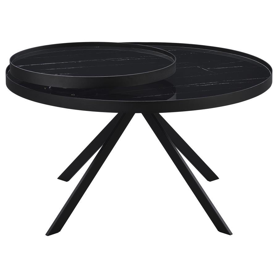 Briggs - Round Marble Printed Glass Top Coffee Table - Black Coffee Table modern furniture Contempo Furniture
