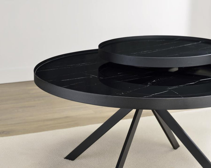 Briggs - Round Marble Printed Glass Top Coffee Table - Black Coffee Table modern furniture Contempo Furniture