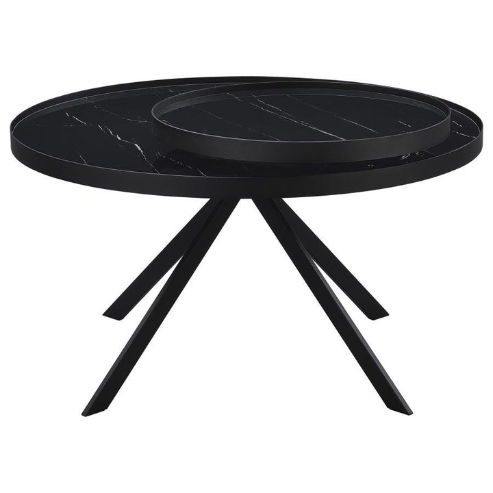 Briggs - Round Marble Printed Glass Top Coffee Table - Black Coffee Table modern furniture Contempo Furniture