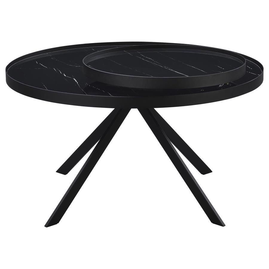 Briggs - Round Marble Printed Glass Top Coffee Table - Black Coffee Table modern furniture Contempo Furniture
