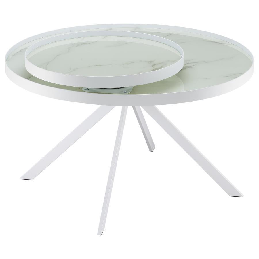 Briggs - Round Marble Printed Glass Top Coffee Table - White Coffee Table modern furniture Contempo Furniture