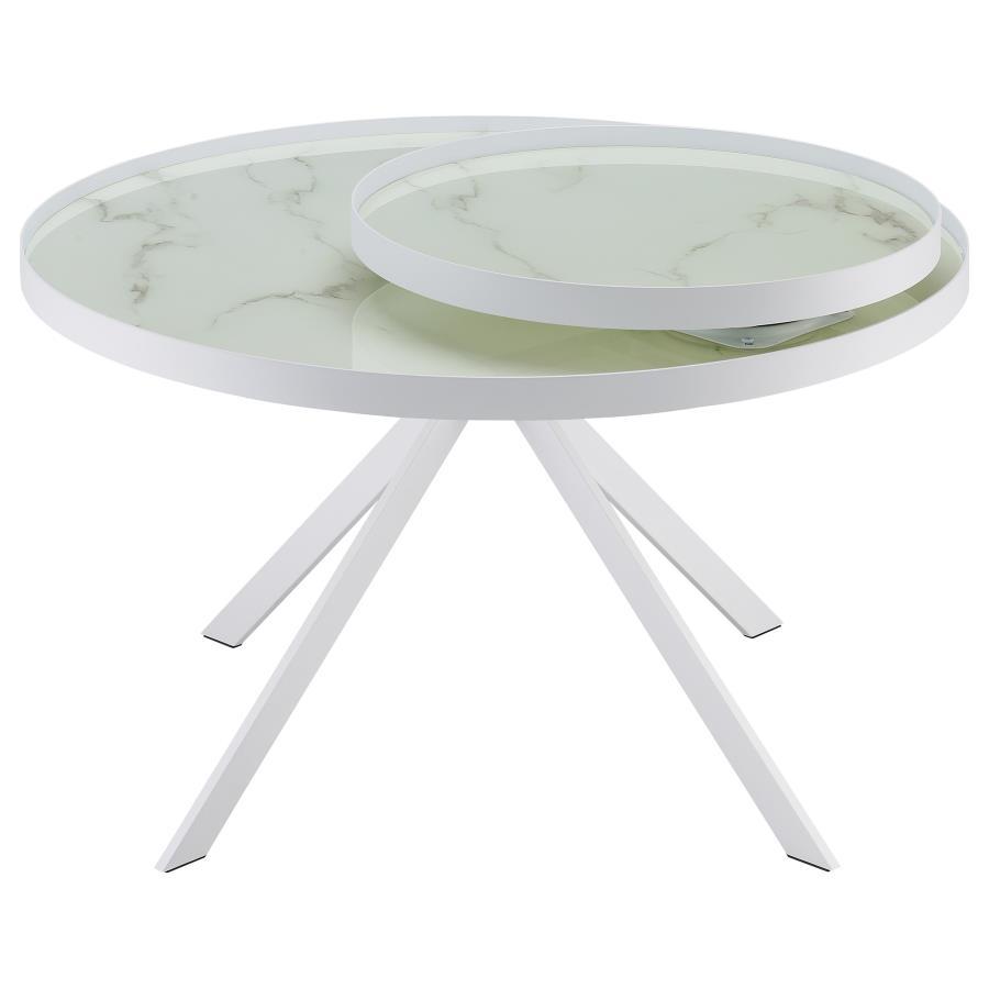 Briggs - Round Marble Printed Glass Top Coffee Table - White Coffee Table modern furniture Contempo Furniture