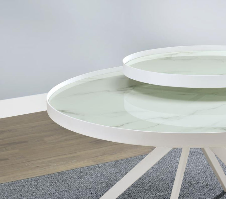 Briggs - Round Marble Printed Glass Top Coffee Table - White Coffee Table modern furniture Contempo Furniture