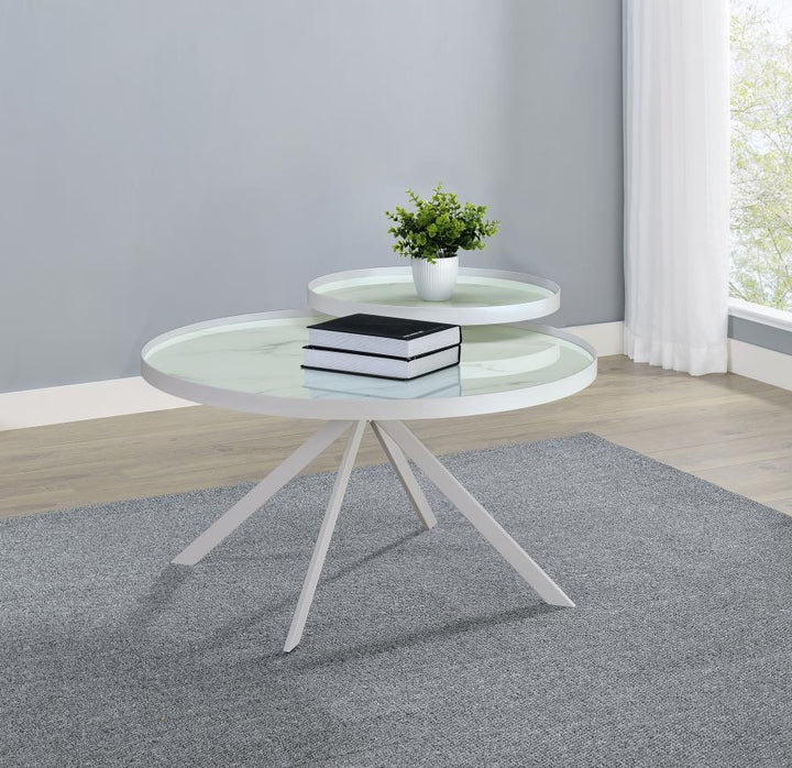 Briggs - Round Marble Printed Glass Top Coffee Table - White Coffee Table modern furniture Contempo Furniture