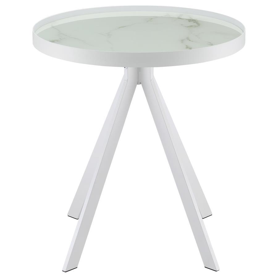 Briggs - Round Marble Printed Glass Top End Side Table - White End Table modern furniture Contempo Furniture