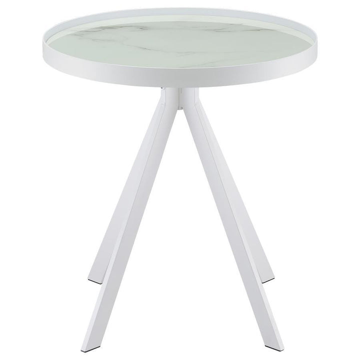 Briggs - Round Marble Printed Glass Top End Side Table - White End Table modern furniture Contempo Furniture