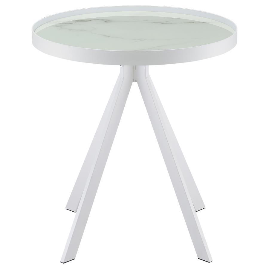 Briggs - Round Marble Printed Glass Top End Side Table - White End Table modern furniture Contempo Furniture