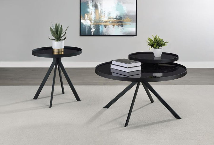 Briggs - Round Marble Printed Glass Top End Table - Black End Table modern furniture Contempo Furniture