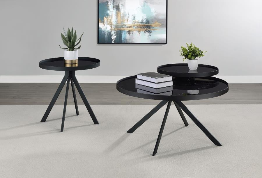 Briggs - Round Marble Printed Glass Top End Table - Black End Table modern furniture Contempo Furniture