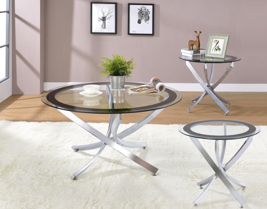 Brooke - 3 Piece Round Coffee And End Table Set - Chrome Coffee Table Set modern furniture Contempo Furniture