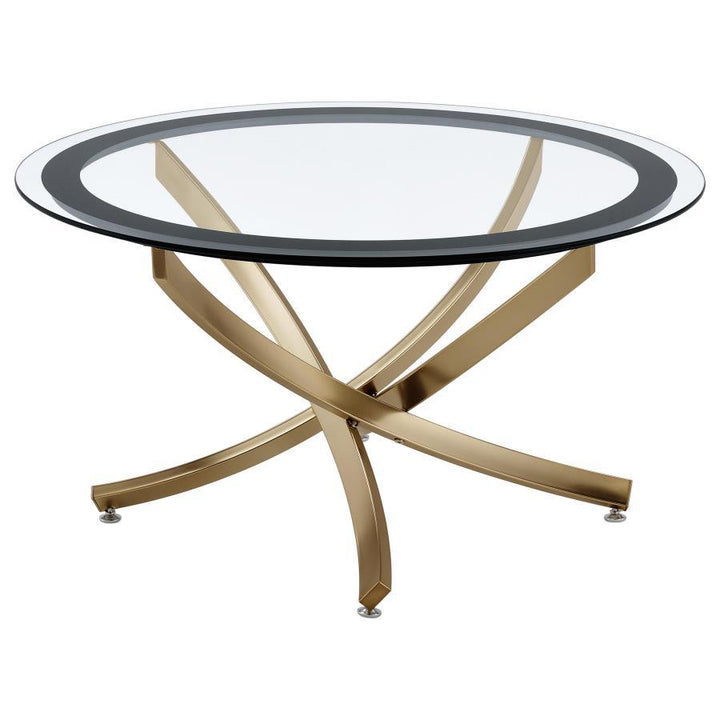 Brooke - Round Glass Top Coffee Table Metal Base - Brass Coffee Table modern furniture Contempo Furniture