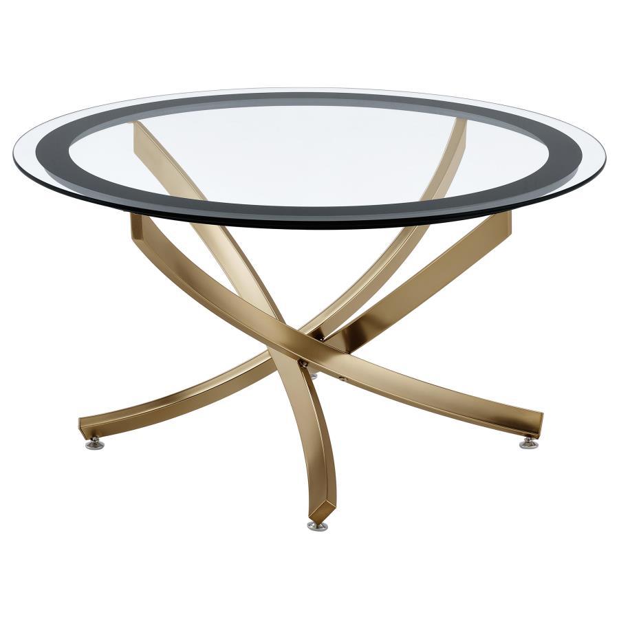 Brooke - Round Glass Top Coffee Table Metal Base - Brass Coffee Table modern furniture Contempo Furniture