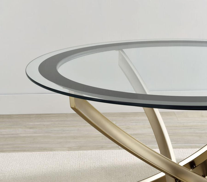 Brooke - Round Glass Top Coffee Table Metal Base - Brass Coffee Table modern furniture Contempo Furniture