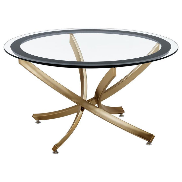Brooke - Round Glass Top Coffee Table Metal Base - Brass Coffee Table modern furniture Contempo Furniture