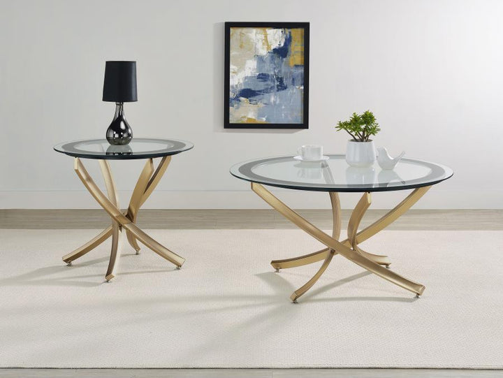 Brooke - Round Glass Top Coffee Table Metal Base - Brass Coffee Table modern furniture Contempo Furniture