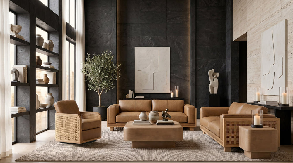 Danson - Modern Tan Leather + Wicker Sofa - View 11