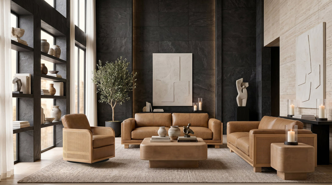 Danson - Modern Tan Leather + Wicker Sofa