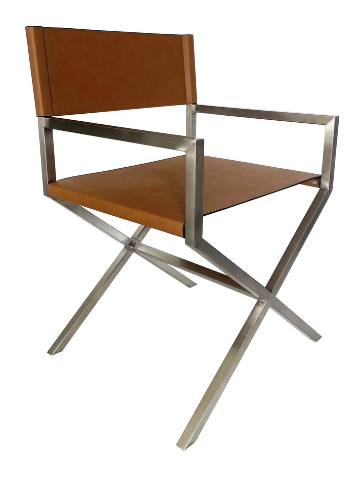 Modus Furniture Jvhh63 One Modern Coastal Directors Dining Arm Chair In Cognac And Brushed Stainless Steel