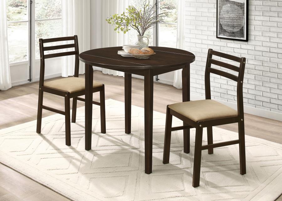 Bucknell - 3 Piece Round Drop Leaf Dining Table Set - Cappuccino 3 - Piece Dining Room Set modern furniture Contempo Furniture