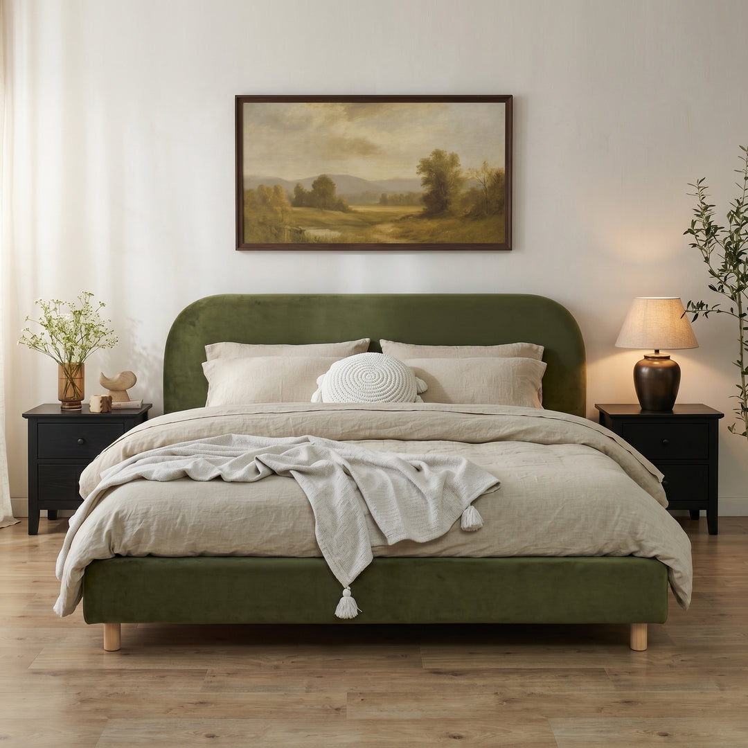 Curved Velvet California King Bed – Olive Green