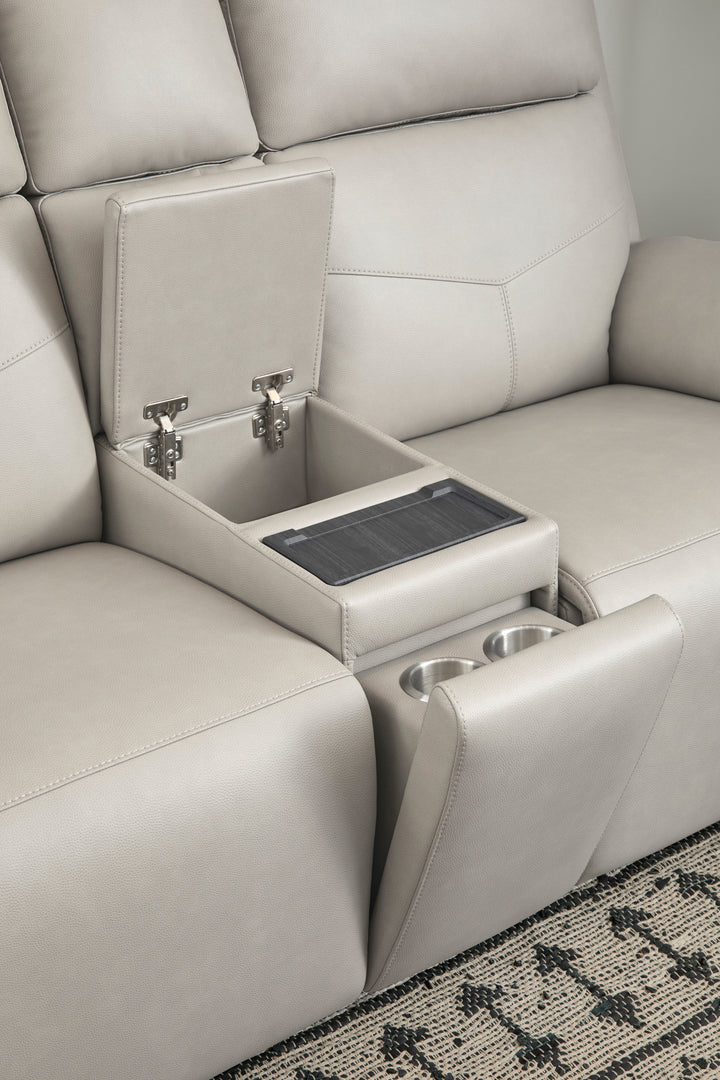 Vernon Fabric Power Reclining Loveseat with Console, Power Headrests, Lumbar, Heat &amp; Massage in Dove Grey