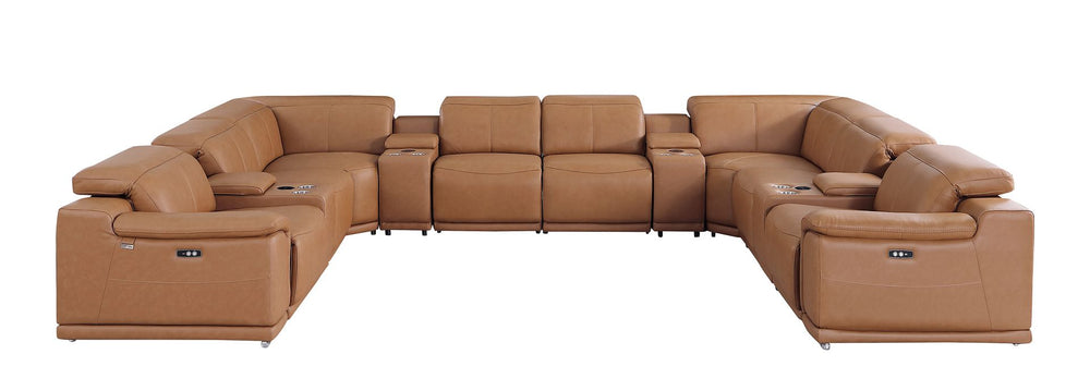 DivanItalia 9762 12-Piece U Shaped Top Grain Italian Leather Sectional Sofa with 4 Power Recliners - Cognac
